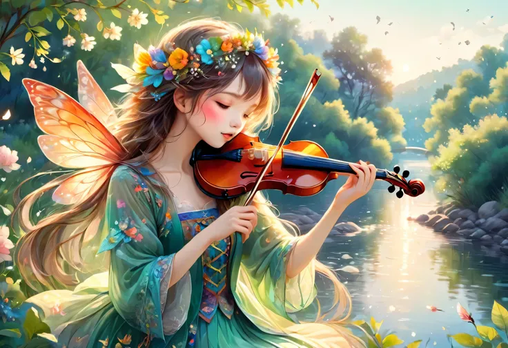 Landscape painting,A girl is singing while playing an instrument on the riverbank,violin,spring,morning,Natural style clothing,open your mouth:sing,cute,17 years old,beautiful spring scenery,Morning&#39;s Kiyoshi々fresh air,little birds,flower,intricate det...