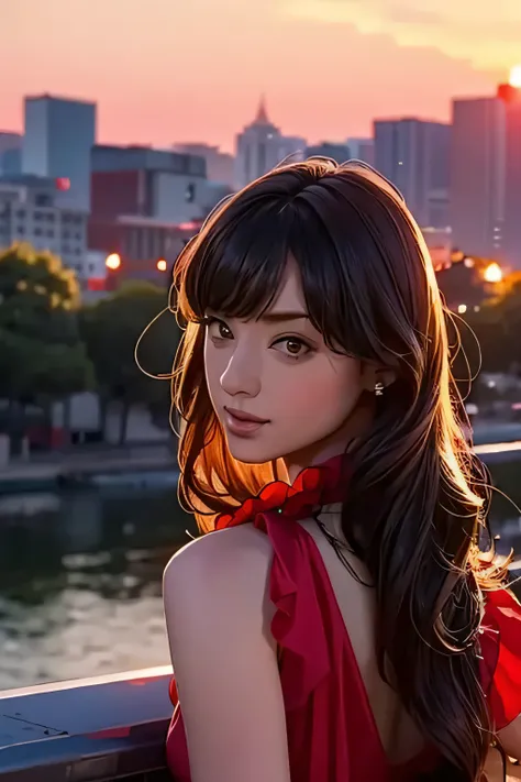 portrait of 1girl, looking at the audience, red blouse, sunset