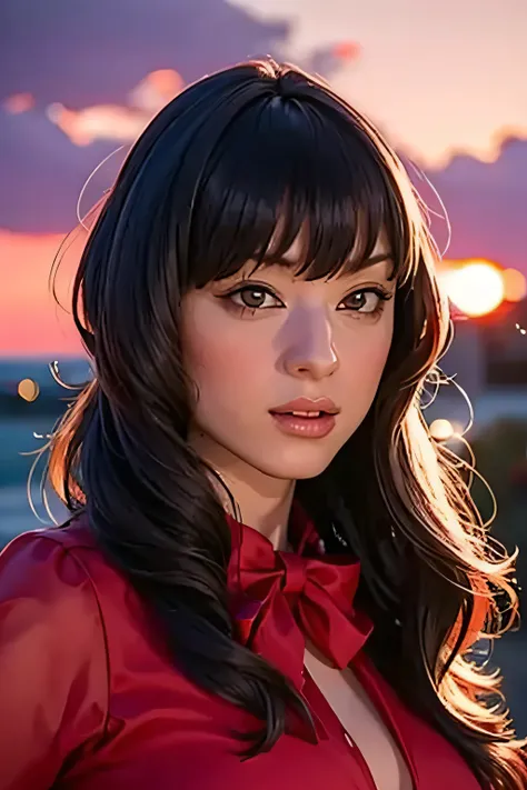 portrait of 1girl, looking at the audience, red blouse, sunset