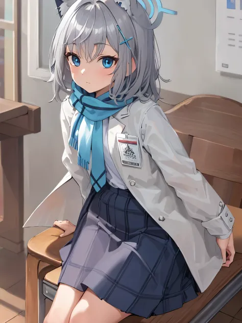 masterpiece, highest quality, Super detailed, indoors, school ,Hello,gray hair,medium hair,blue eyes,blue scarf,white shirt,(blue jacket:1.1) , No expression