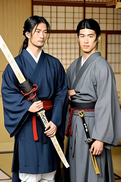 Generate an image of a feudal lord standing before a loyal retainer, holding out a gleaming sword as a symbol of honor and recognition, with both figures dressed in traditional Japanese attire. Japanese men, hyper realistic