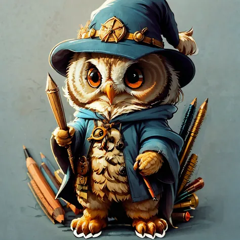 cute cartoon sticker of an owl dressed as a wizard with pencils like daggers