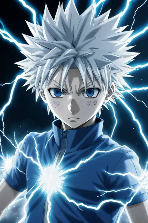 Killua Zoldyck, the iconic character from the anime and manga Hunter x Hunter, is depicted in this ultra-realistic image. His spiky hair stands out in contrast to his simple white and blue attire. Electrifying blue lightning surrounds him, a testament to h...