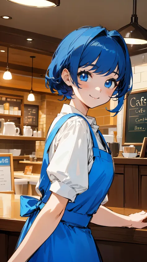 masterpiece、highest quality、High resolution、very detailed、detailed background、1 girl、white blouse、blue skirt、From the side、upper body up、dark blue hair、shining blue eyes、smile、Apron appearance、((indoor、morning、Cafe))、sharp outline