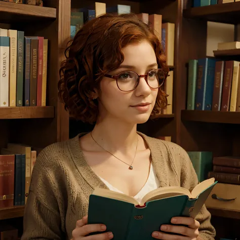  short red curly hair wearing glasses reading in a library brown eyes with books and reading books in Pixar style.