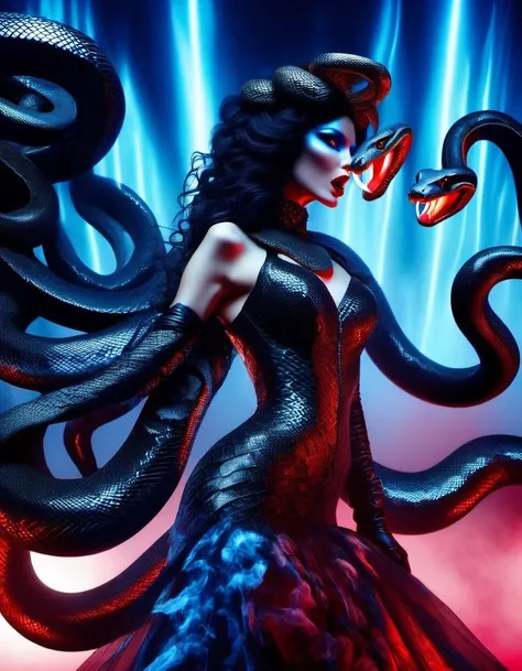 in style of Light painting, in style of Screenprint, beautiful detailed，Surrealism，Dreamism，Gothic style red，Greek mythology Medusa wearing a very strange costume is blowing protruding large amounts of black smoke：1.5），（human head snake body），（Hair made of...