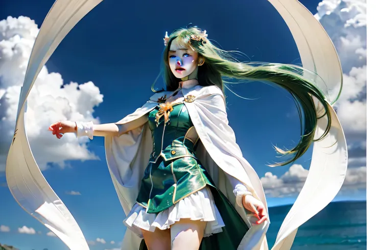  girl with long green hair and white cape standing in front of a blue sky. magical girl so add some magical effects