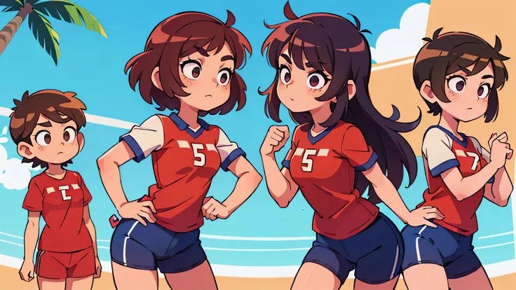 playing volleyball (camisa longa e short longo) (((Sem Sensualidade))) - (Two brunette twins, de 5 anos, roupas rosa)