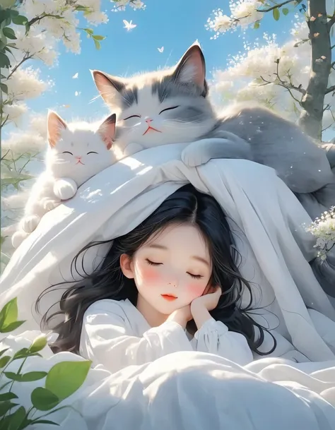 (best quality,4K,8K,HD,masterpiece:1.2),super detailed,actual:1.37,illustration,Inspiration for Studio Ghibli,Bed play,(girl,black hair,Lazily nuzzling a lazy cat with closed eyes in the morning),Lazy,charming,delicate eyes,(Highlighting the Expression of ...