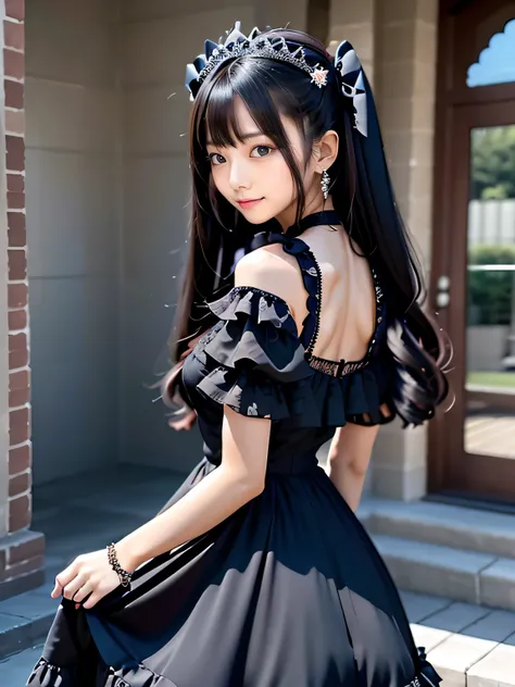 Close-up of a woman in a black dress posing for a photo, girl in a black dress, girls cosplay, black gothic lolita dress, gothic maiden girl, Kurohime cut hair, real girl, Black-haired Sui Ishida, attractive girl, elaborate long black hairstyle, long black...