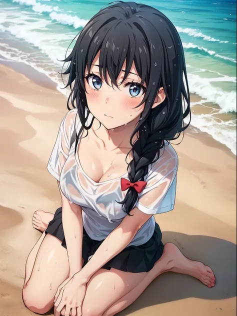 ((highest quality, High resolution,  perfect pixel, written boundary depth, 4k)), 1 girl,  beautiful anime girl, 
close, looking at the viewer, 
perfect body, 

yukinoshita yukino, dark hair, small breast, Braid, 

(white t-shirt),  (wet hair, wet body:1.1...