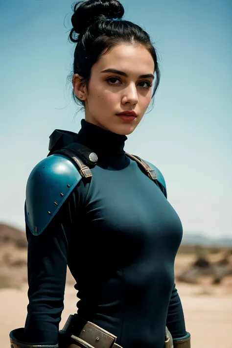 ((Best quality)), ((masterpiece)), (detailed), perfect face, 1girl, black hair bun, blue tight fallout vault suit, wasteland background, fallout 4, paolo roversi style, tim walker style, realistic, high quality, professional photography, photo by bella kot...