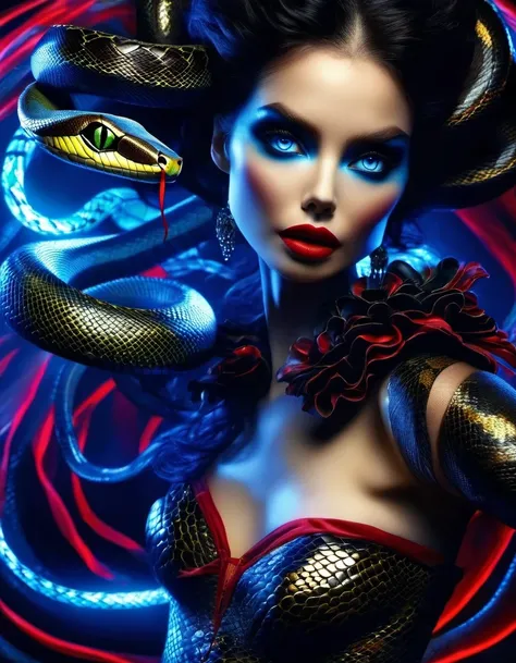 in style of Light painting, in style of Screenprint, beautiful detailed哥特风格红色,Greek mythology Medusa wearing a very strange costume),(human head snake body),(Hair made of countless snakes),(snake scale skin:1.2),Black smoky makeup,There is red blood in the...