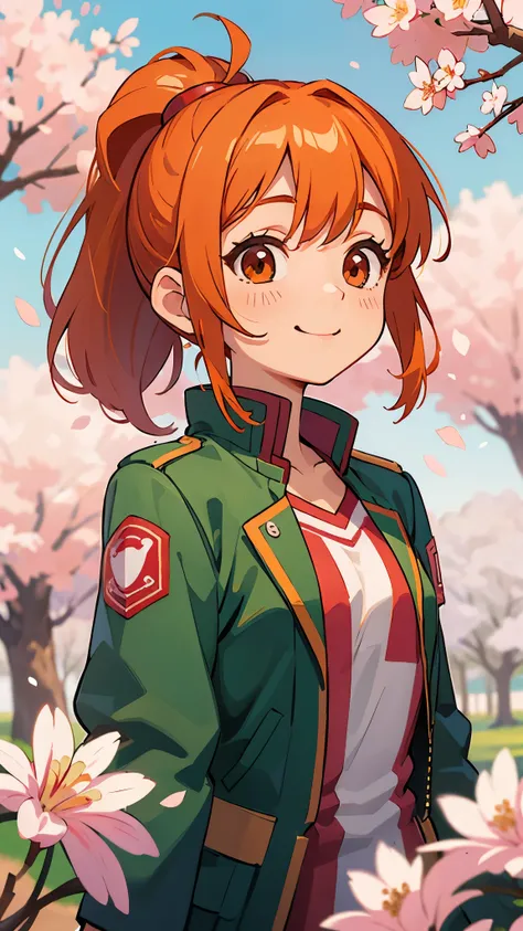 (highest quality、Extra fine、genuine)、Genki girl、anime high school girl、small breasts、riders jacket、orange hair、ponytail、red round eyes、From the side、gloves、bright smile、stand in front of a cherry tree、upper body close-up、cherry blossom park、sharp outline