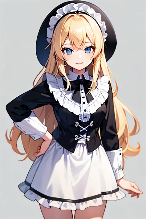 smile, Cafe clothes ,frills , blonde , long hair , blue eyes , looking at the viewer, cowboy shot, Are standing, 1 girl , upright , No pose ,simple background , illumination , black and white clothes , Do not pose