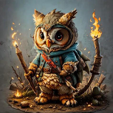 cute cartoon of an owl dressed as an fantasy rogue with pencil-shaped fire on its hands