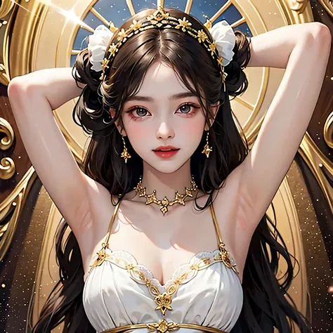 great masterpiece, Upper body, (adult: 1.6) (giggle: 0.4), arms behind head, golden braid, sparkling eyes, victorian sundress, floating particles of light, in the center, Added facial details