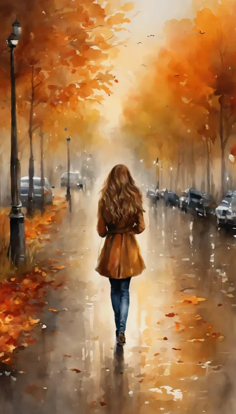 Ridiculous resolution, high resolution, HD, (masterpiece:1.4), Hyper-detailing, 1 young European woman walk towards European style school, autumn and sunset, holding books, turn her back to the screen, turn her head, expression smile softly, long brown hai...