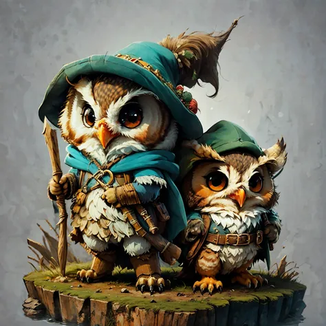 cute cartoon of two different owls dressed as an fantasy rogue and fantasy wizard fighting each other