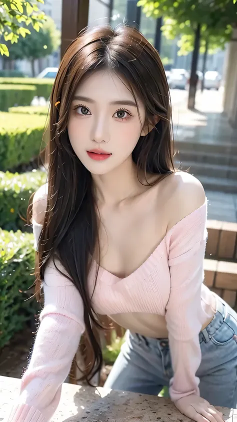 spell(Prompt): best picture quality，Exquisite details，stunning girl，long eyelashes，big eyes，Ruby eyes，lying silkworm，Moisturize lips，Exquisite makeup，(facial close-up），(full-body shot)，(slender legs)，White and tender skin，(Pink sweater)，Off the shoulders，c...