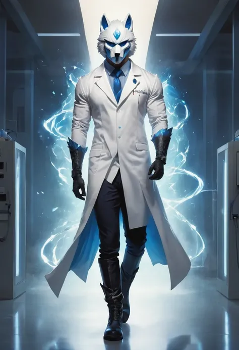 personal, white body, muscle, , Serious expression, frown ，(doctor clothing,, White mask, blue, white boots, black pattern: 1.2), wolf tail, wolf ears, ((broken to pieces)), (indoor: 1.35), incandescent indoor lighting, , shadow (particle, soft light, whit...