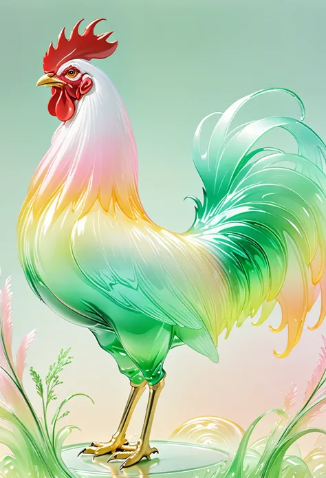 grassland，A big rooster，gold，pink，green，glass texture、 Gradient translucent glass melt