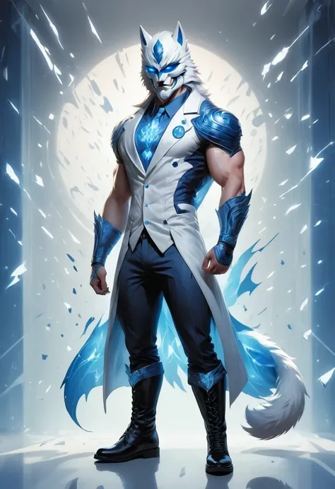 personal, white body, muscle, , Serious expression, frown ，(doctor clothing,, White mask, blue, white boots, black pattern: 1.2), wolf tail, wolf ears, ((broken to pieces)), (indoor: 1.35), incandescent indoor lighting, , shadow (particle, soft light, whit...