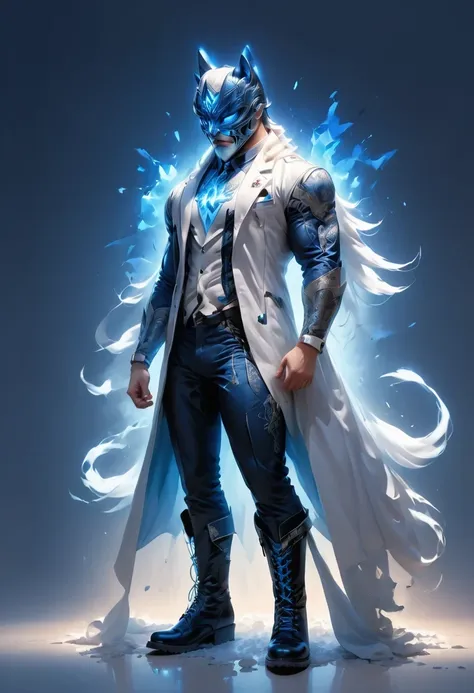 personal, white body, muscle, , serious expression, frown ，(doctor clothing,, white mask, blue, white boots, black pattern: 1.2)...