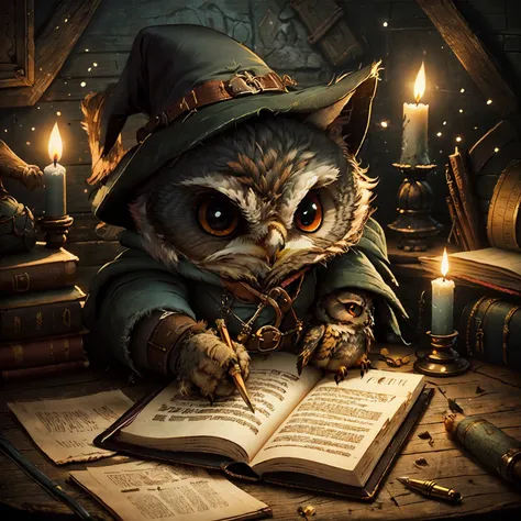  cute cartoon, 1 fantasy rogue owl, writing a book on a desk in a dark room (no light), one candle on desk