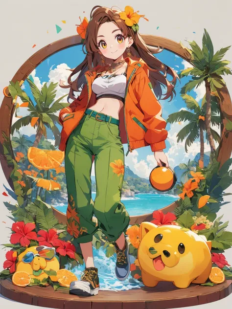 diy22，in a tropical or subtropical environment， a young woman is presented in a vibrant cartoon style. she wears a vibrant orang...