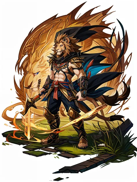 furry, male, anthro, (Lion Tail), Solo, (Realistic eye details:1.2), (beautiful detailed eyes), anime character there is a Lion man with great sword and armor in a dark room, from genshin impact, 2. 5 d cgi anime fantasy artwork, painted in the style arcan...