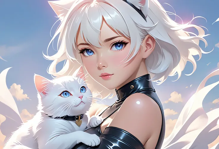 Anime girl holding cat in the sky, Artgerm and Atey Ghailan, Soft anime illustration, white cat girl, Guviz style artwork, Artie Guérin 8 K, Beautiful anime catwoman, Popular topics on cgstation, Digital animation illustration, guweiz on artstation pixiv, ...