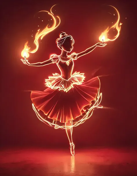 Candle, red background, digital art style, simple line illustration of flame dancing with light, ballerina silhouette, red background, cartoon, solid color background, texture, candlelight, warm atmosphere, mysterious feeling. The little girl dances beauti...