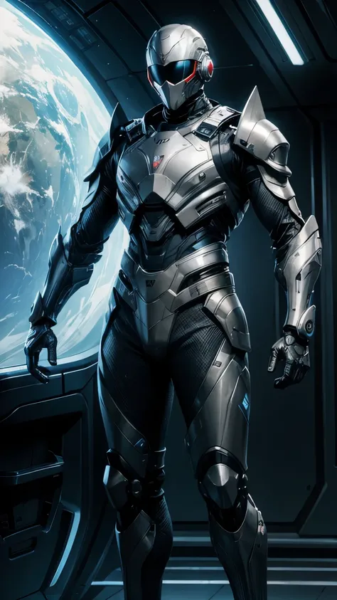 man in futuristic suit similar to exoskeleton armor with electronic devices, lanzando electricidad con las manos 