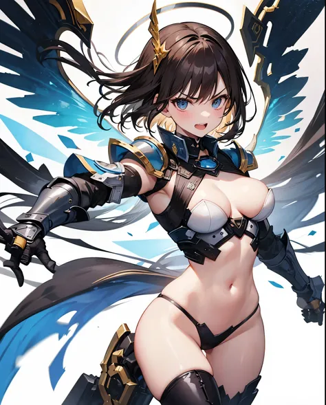 fantasy, 1angel_girl,(very_young_teen:1.5), ,brown_hair, medium_bob_hair, long_bangs, halo,bare_shoulder,thighhighs,silver_armor, waist_armor, large_breasts,angry,grinning,open_mouth_teeth, 1pair_wings, dynamic_pose_fighting,floating, bare_crotch, headgear...