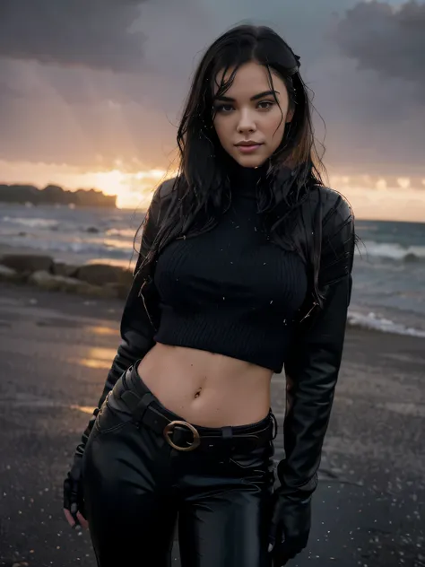 Foreground: a gorgeous soaked Bettie page, age 18, wet wavy black in the wind. shes a men magazine model, She has a subtle smile and flirts with the camera, (she wears completly soaked casual shirt , black gloves, with a long wool sweater and leather pants...