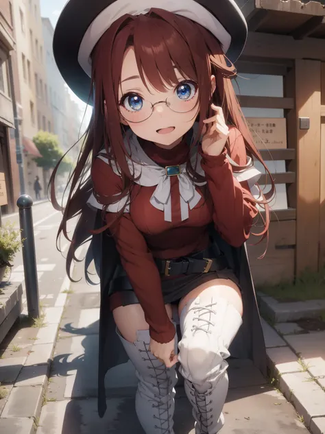 summonnightaty, aty, long hair, blue eyes, red hair, beret, hat, glasses,
BREAK long hair, thighhighs, hat, dress, boots, glasses, belt, cape, sweater, zettai ryouiki, beret, thigh boots, white footwear, ribbed sweater, loose belt,solo,
BREAK outdoors, fan...