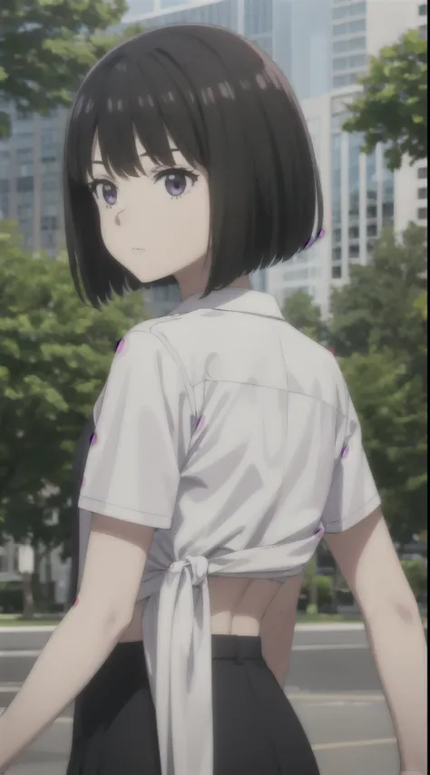 (((pixel-perfect, detail-perfect))), solo, 1girl, HDR, 4K, exploded back, upper body, bob hair, short hair, short bob hair, bob cut, haircut, undercut, bobbed hair, minibob, back to look back, hairclips, purple eyes