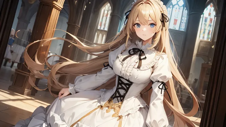 A beautiful girl wearing a puff-sleeved dress with lots of frills and lace, like a medieval aristocrat.　Long straight blonde hair with big ribbon