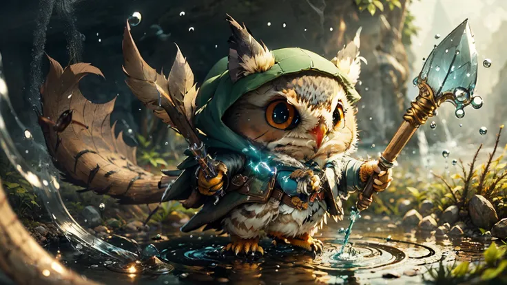 cute cartoon, 1 fantasy rogue owl, making a massive pencil-shaped water drops magic attack, wide-angle shot, overhead shot , far away, (away from camera), full body, forest