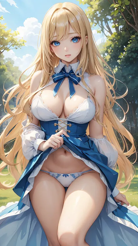 (masterpiece:1.2), (highest quality:1.2),, Curvy but slender body, perfect eyes, perfect face, perfect lighting, 1 girl, long hair, curly hair, fine clothes, detailed outdoor background, compensate, eye shadow, thick eyelashes, fantasy, sexy dress with det...