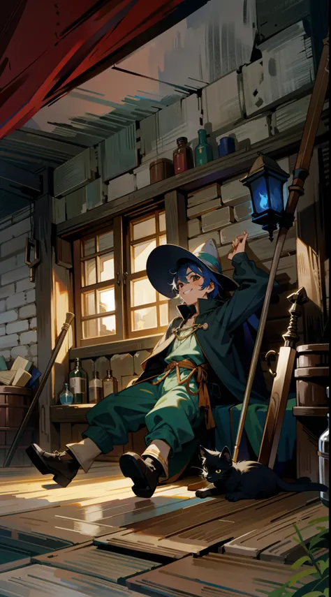 A Wizard boy, hat, Baggy clothes, swag clothes, standing, Staff leaning against the wall, leaning against an old wooden wall, medieval tavern, Smiling, a Black kitten laying on the ground, tachi-e, fashionable, outfit, posing, front, colorful, dynamic, bac...