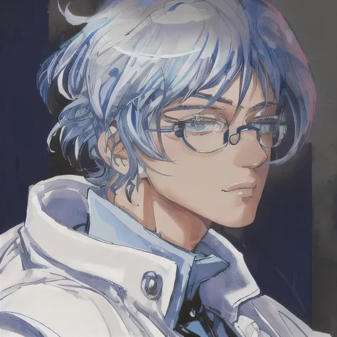 anime man with glasses and white coat, olhos azuis marinho, short icy blue hair, retrato de corpo inteiro, retrato de personagem...