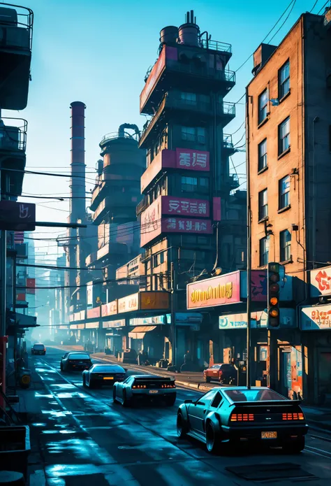 (spring morning), (masterpiece, top quality, super definition, high definition)), spring morning in cyberpunk city, harsh sunlight competing with the switched-on neon signs on the blocks, you can see steam from the exhaust pipes of cars and ventilation sta...