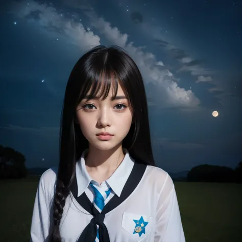 beautiful images、universe、fantasy、moon、shooting start or herd、teenage girl、black eye、hair is bob、cute face、starry sky、Japanese、high school girl、thunder、