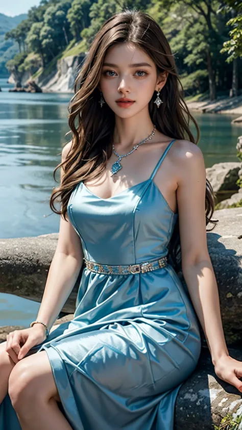 8K, ultra hd, masterpiece, very realistic, 1 girl, good face, very long hair, detailed eyes, detailed lips, medium breasts, satin Blue very beautiful princes frock, blue frock, diamonds, jewellery, necklace, earring, lake, landscape, sitting, Bridge, Fores...