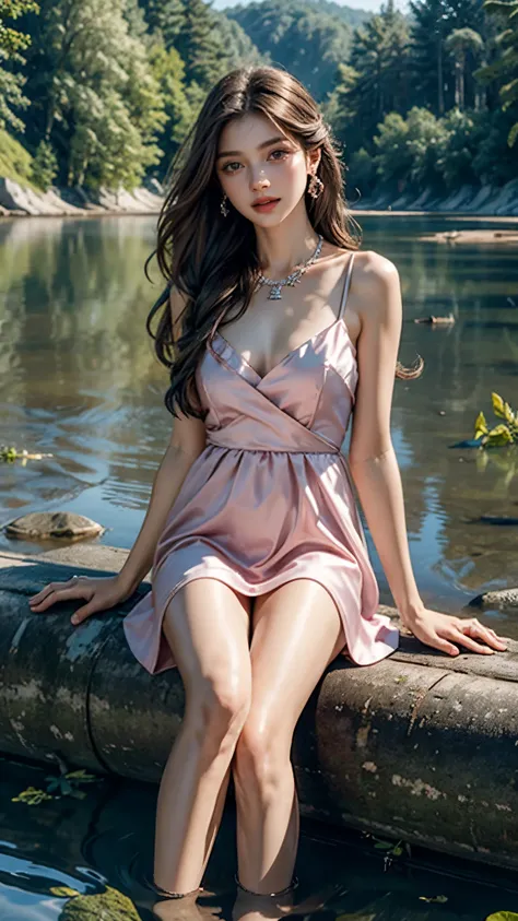 8K, ultra hd, masterpiece, very realistic, 1 girl, good face, very long hair, detailed eyes, detailed lips, medium breasts, satin pink very beautiful princes frock, pink satin frock, diamonds, jewellery, necklace, earring, lake, landscape, sitting, Bridge,...