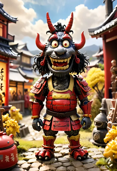 full body Esbian、Cool Red and Yellow Oni、Villain Red and Yellow Oni、figurine、Armor Musha、a person々takeout、The Monster、diorama、symple background、Japanese Fortress background、​masterpiece, Best Quality, Capture super cute moments, depth of fields, ultra-deta...