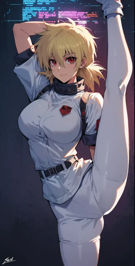 (best quality:1.2),1girl,solo,standing_split,seras victoria, seras, hellsing, seras,white bodysuit,red eyes,pilot suit,short hai...