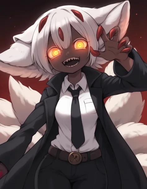 faputa, 1girl, dark skin, dark-skinned girl, white hair, short hair, 4arms, red claws, multiple tails, yellow eyes, yawning, whi...